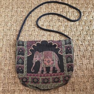 Elephant Print Burgundy and Green Tapestry Crossbody Bag